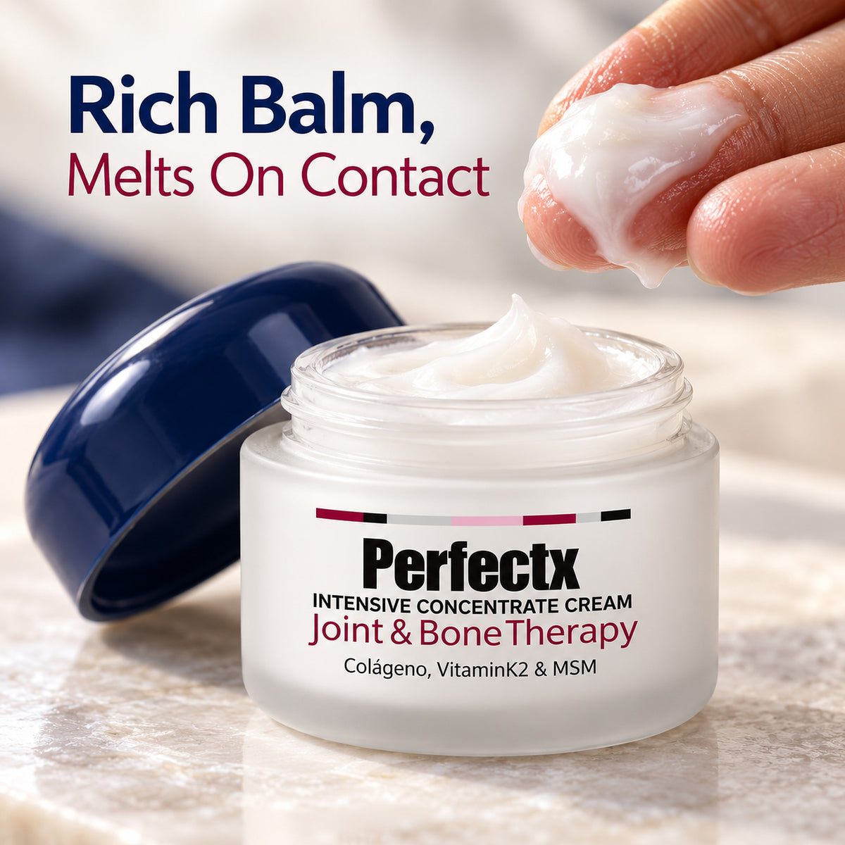 Open jar of rich Perfectx collagen balm that melts on contact