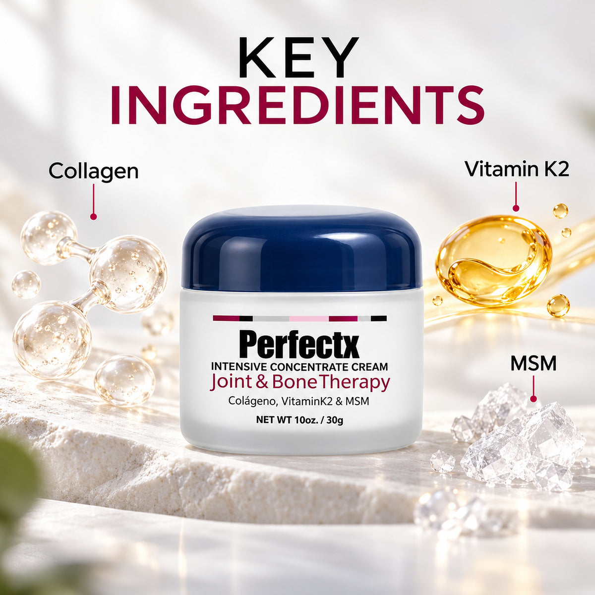 Key ingredients of Perfectx Joint & Bone Therapy balm: collagen, vitamin K2, MSM