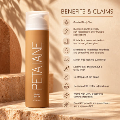 Gradual body tan benefits: buildable sun-kissed glow, moisturising lotion base, streak-free-looking, no strong self-tan odour