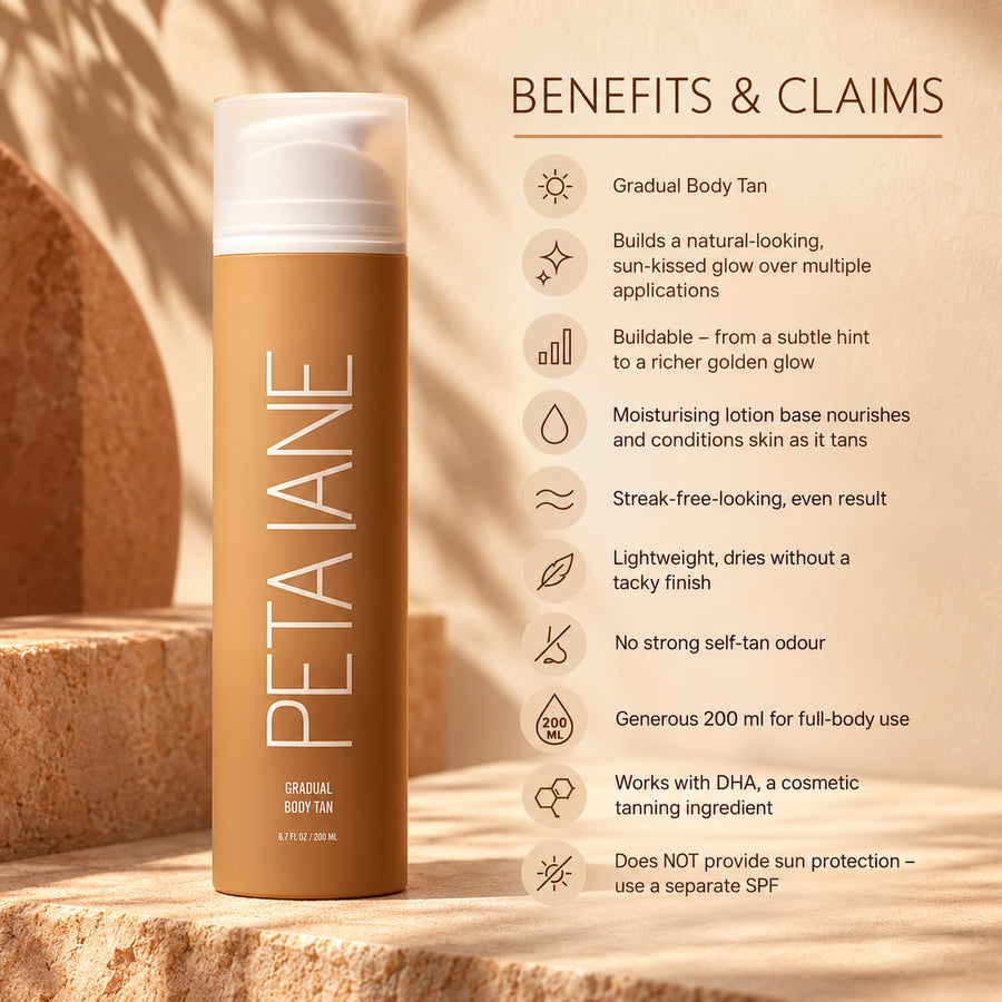 Gradual body tan benefits: buildable sun-kissed glow, moisturising lotion base, streak-free-looking, no strong self-tan odour