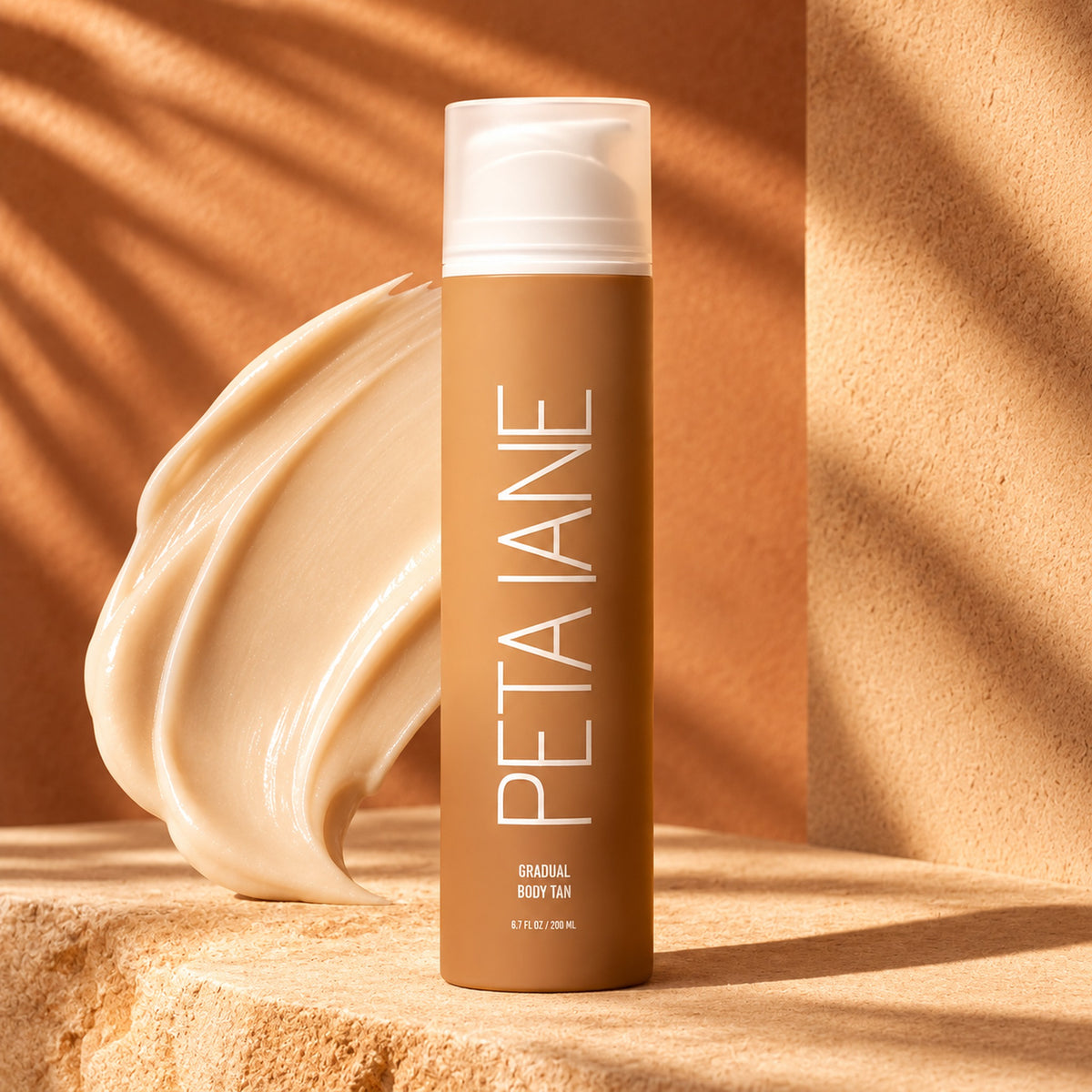 Smooth gradual tan lotion swatch beside the PETA JANE bottle