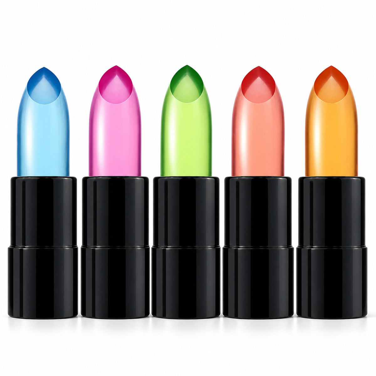 pH color-changing jelly lipsticks in blue, magenta, green, peach and orange