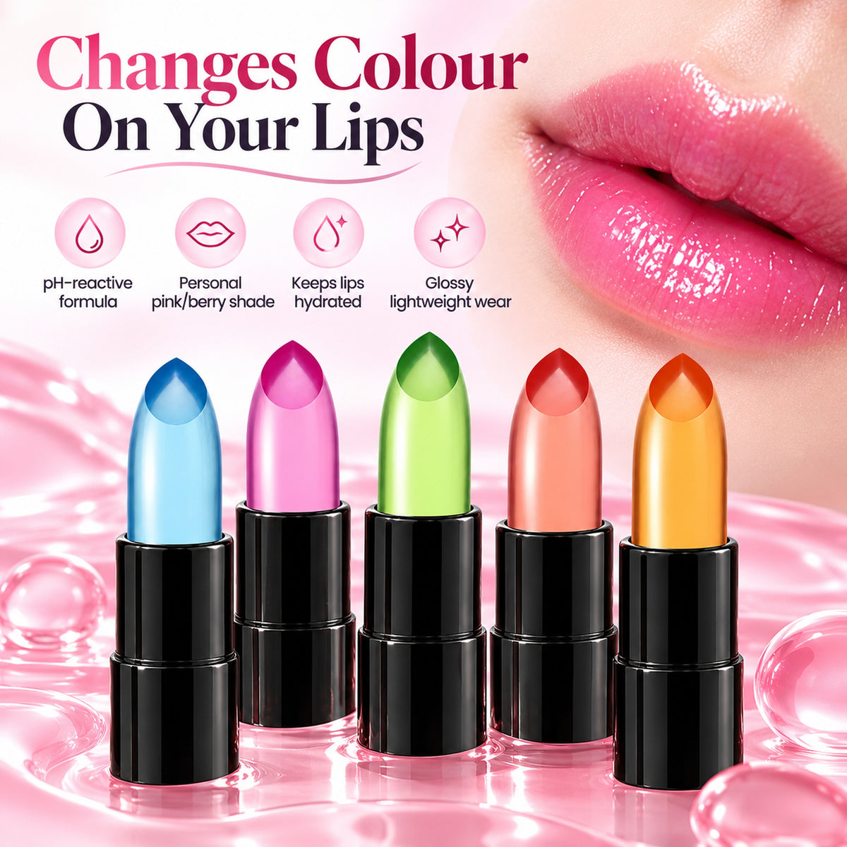Changes colour on your lips: pH-reactive formula, personal pink or berry shade, keeps lips hydrated, glossy wear