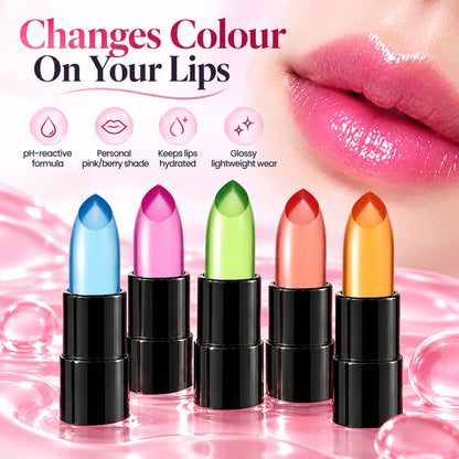 Changes colour on your lips: pH-reactive formula, personal pink or berry shade, keeps lips hydrated, glossy wear
