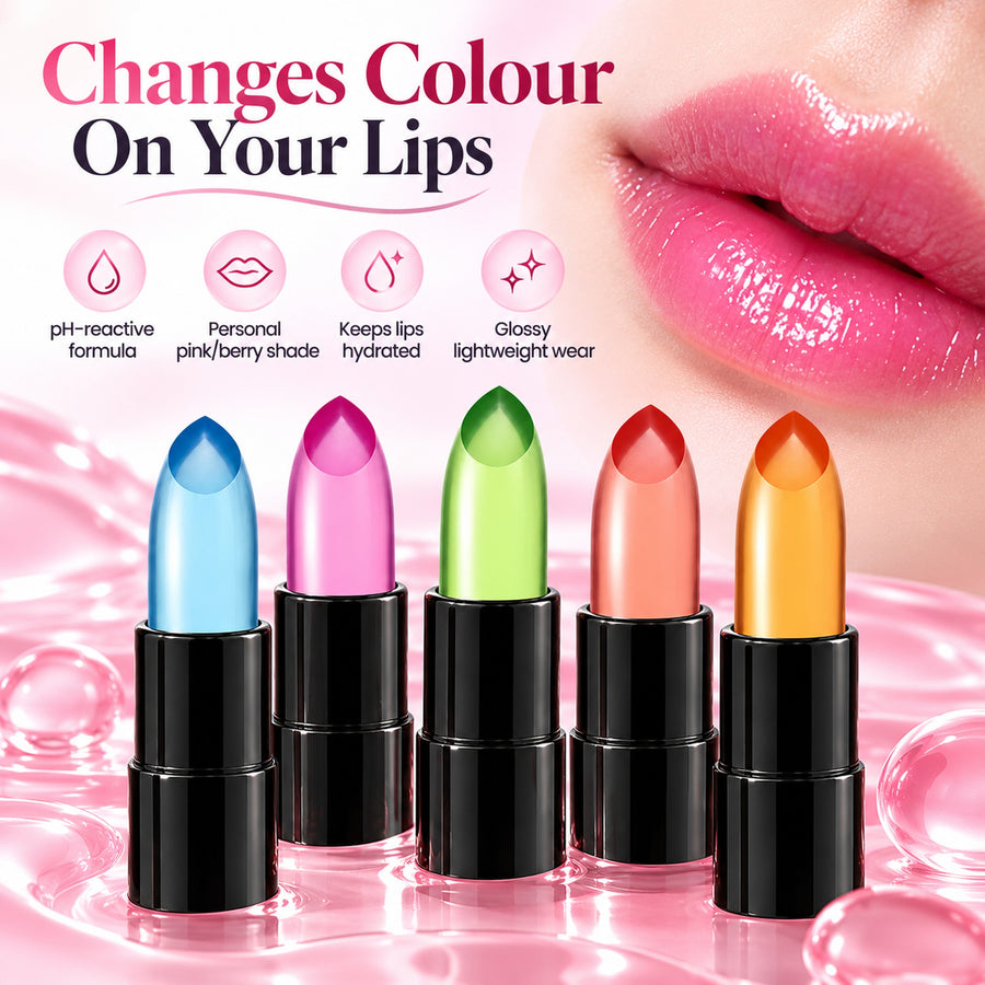 Changes colour on your lips: pH-reactive formula, personal pink or berry shade, keeps lips hydrated, glossy wear