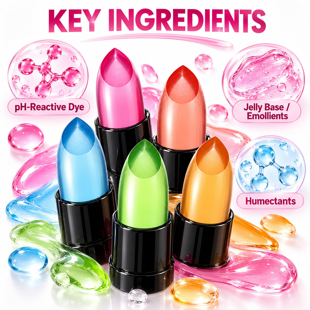 Key ingredients: pH-reactive dye, jelly base and emollients, humectants