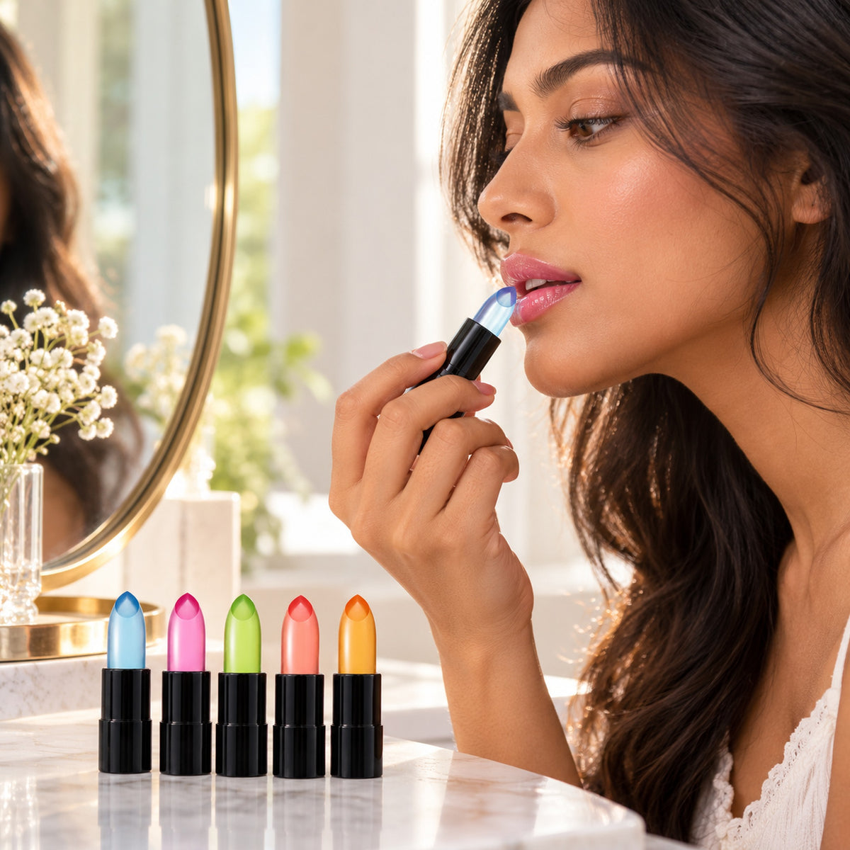 Woman applying the blue jelly lipstick, which turns pink on her lips
