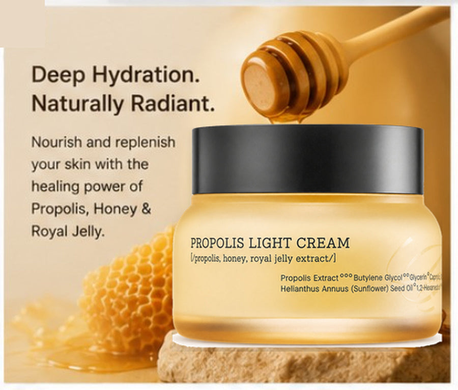 Propolis Light Cream with honey and honeycomb in a warm hydration campaign scene