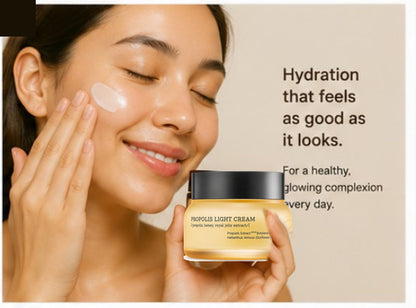 Woman applying Propolis Light Cream during a skincare routine