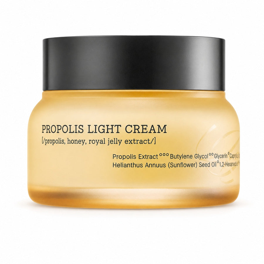 Propolis Light Cream jar alone on pure white with a soft realistic studio shadow