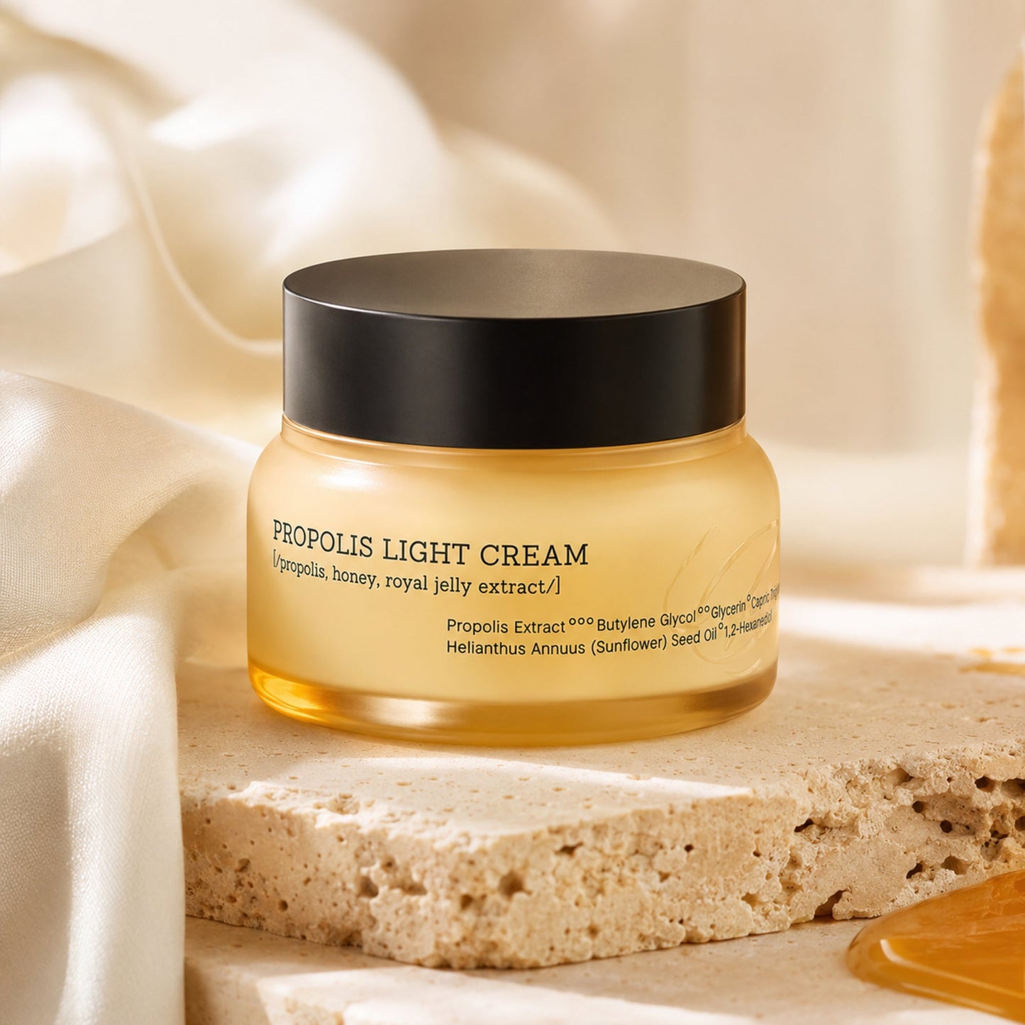 Propolis Light Cream at a three-quarter angle in a warm beige luxury setting