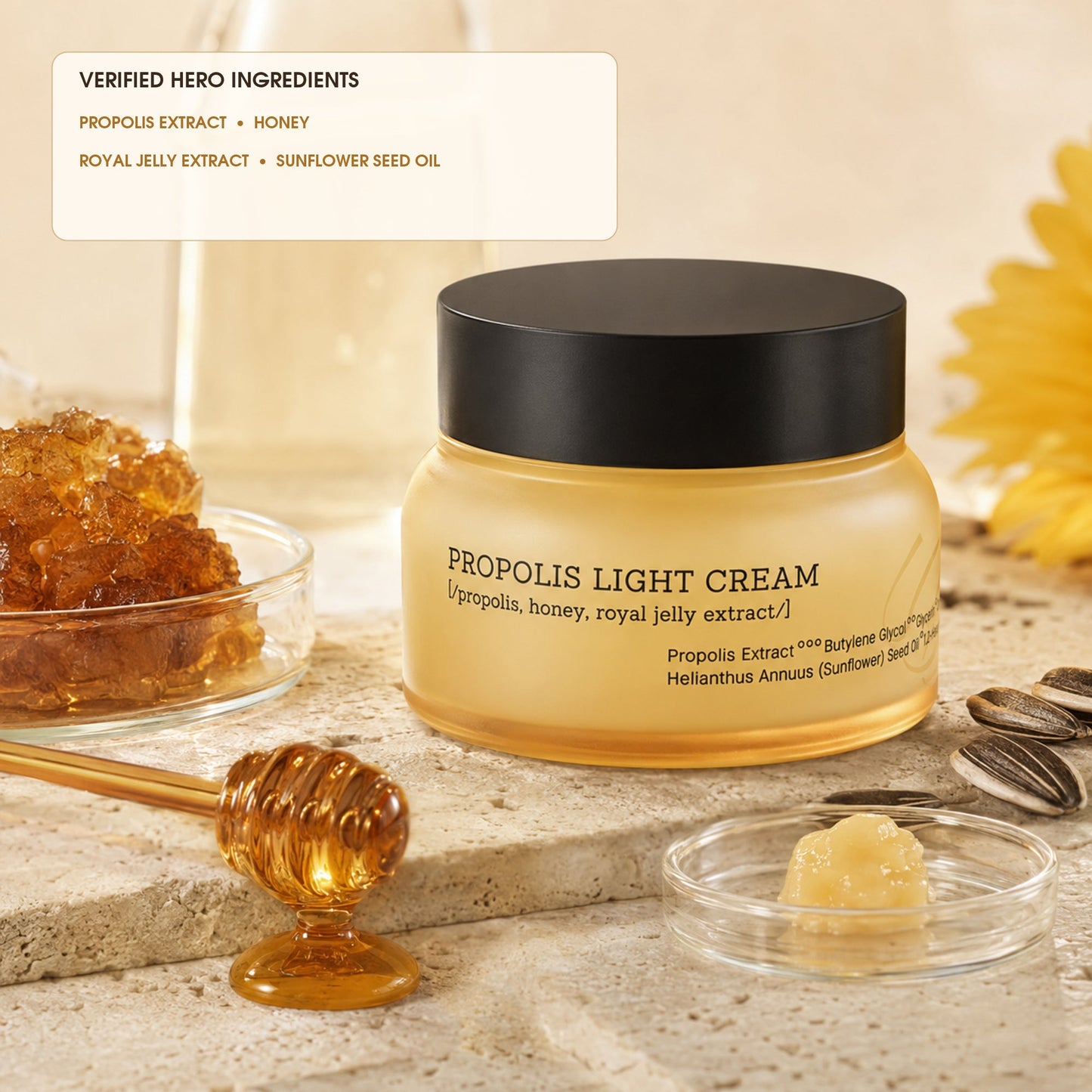 Propolis Light Cream with named propolis, honey, royal jelly and sunflower seed oil