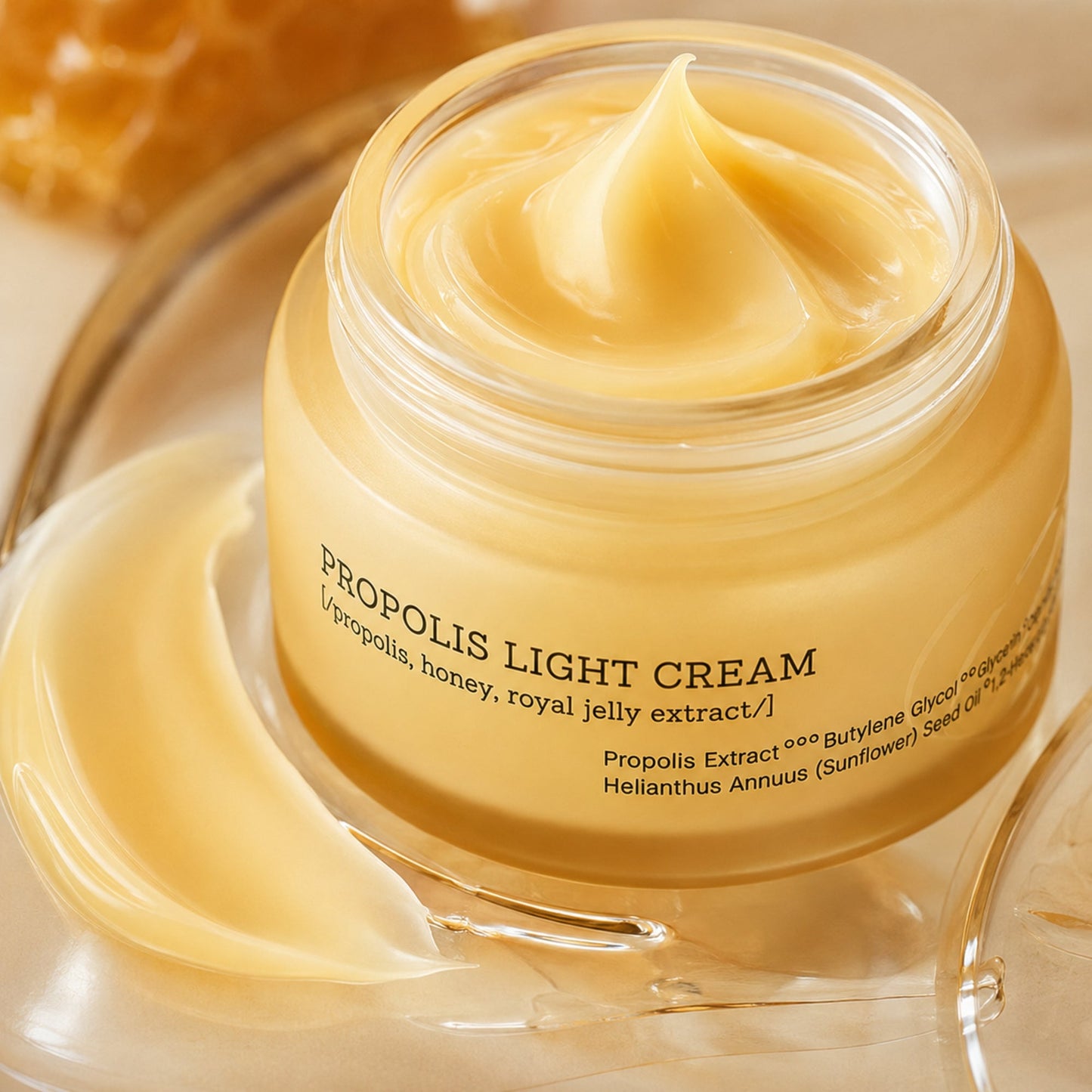 Open Propolis Light Cream jar showing its smooth lightweight golden cream texture