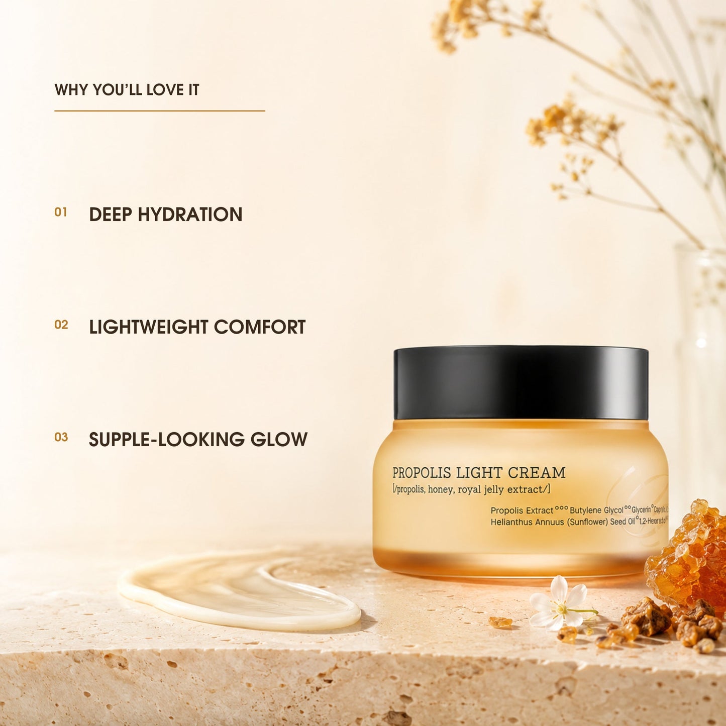Propolis Light Cream benefits: deep hydration, lightweight comfort and supple glow