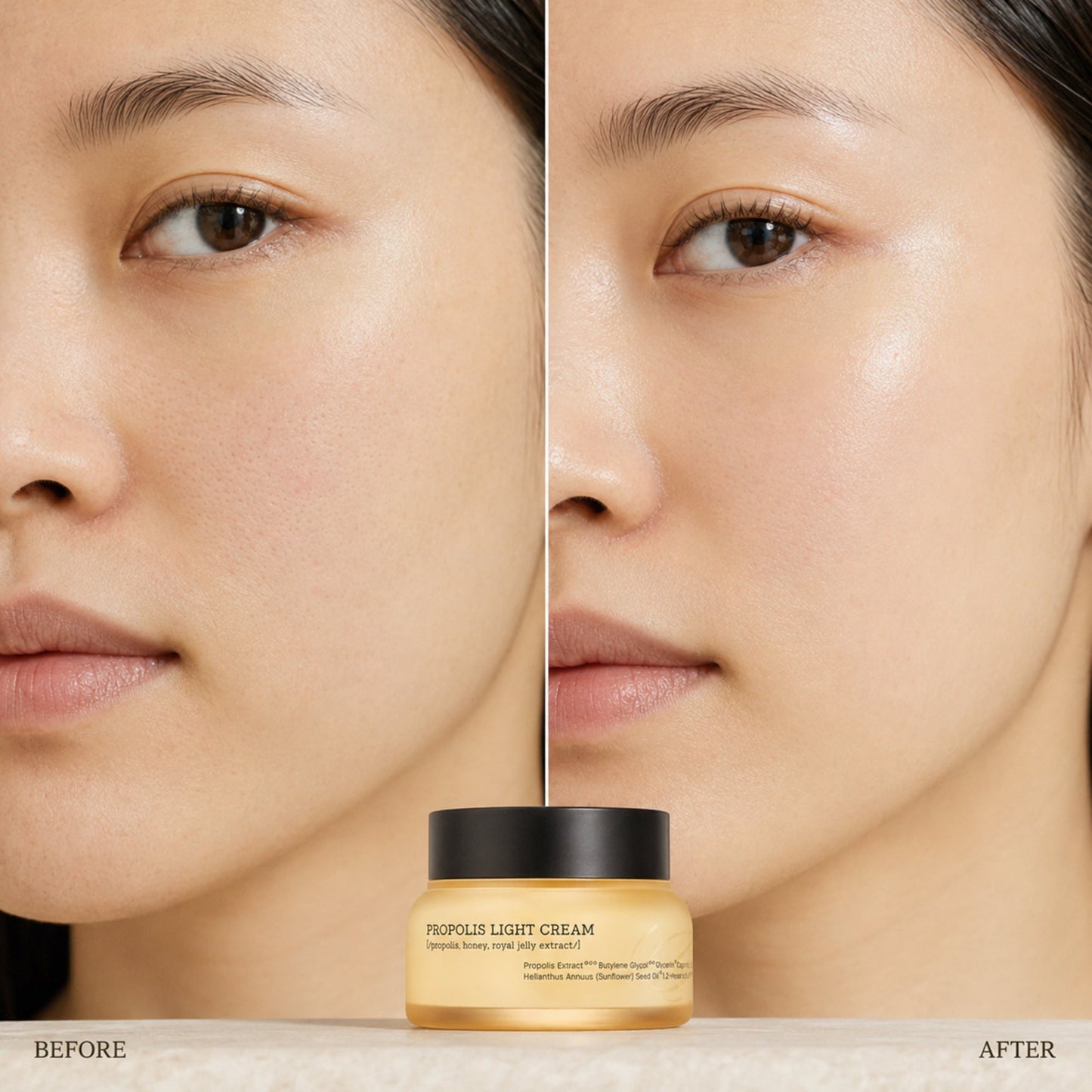 Propolis Light Cream before-and-after hydration appearance under matched lighting