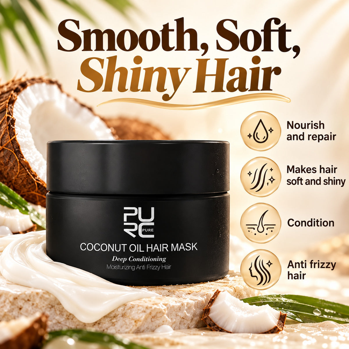 PURC Coconut Oil Hair Mask black jar with coconut — Smooth, Soft, Shiny Hair: nourish and repair, soft and shiny, condition, anti frizzy
