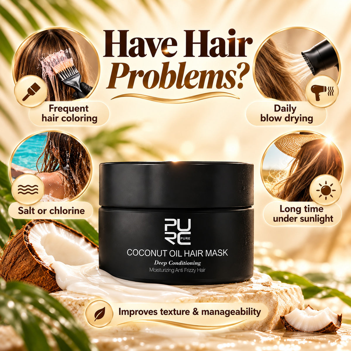 PURC Coconut Oil Hair Mask for hair stressed by colouring, blow drying, salt or chlorine and sun — improves texture and manageability