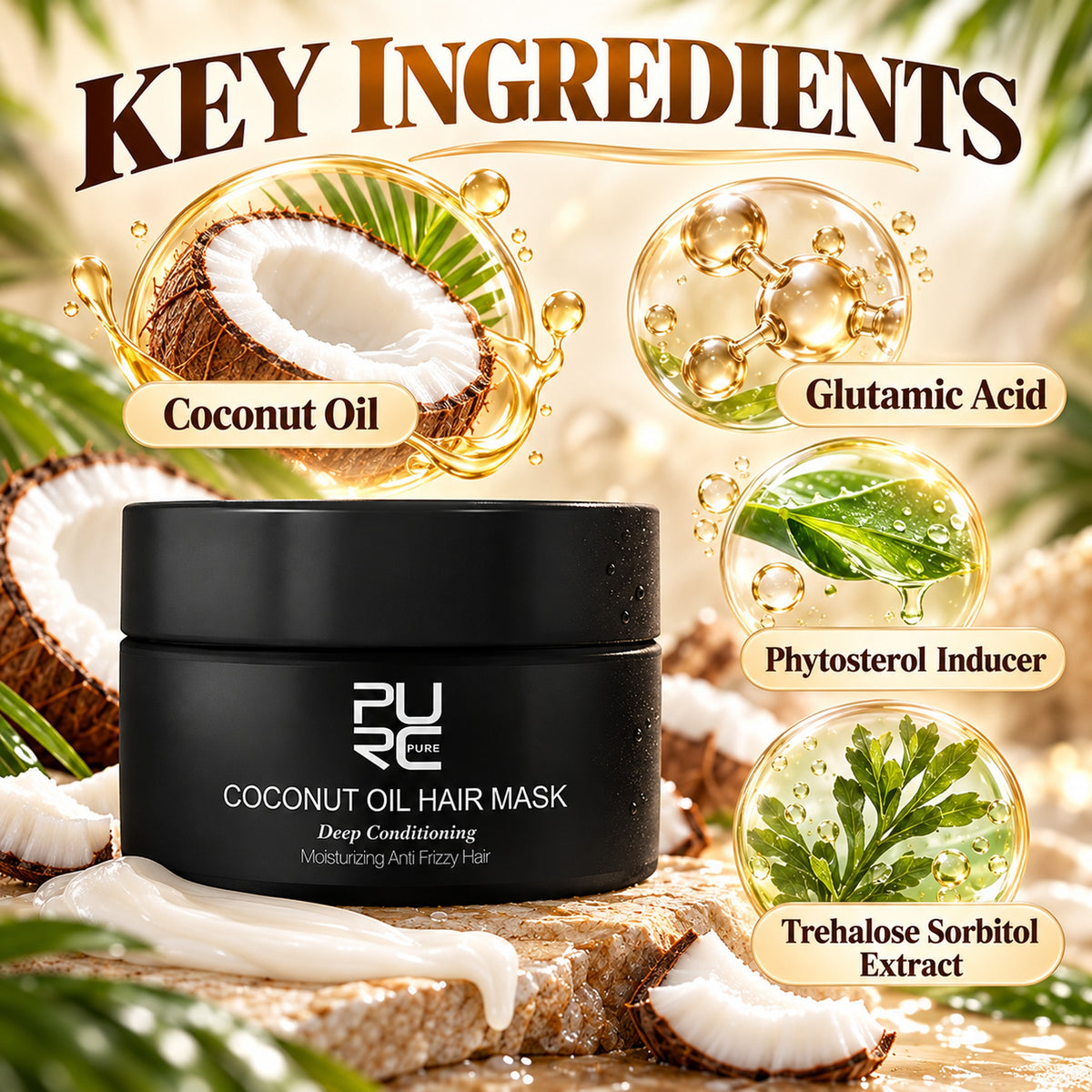 Key ingredients of the PURC Coconut Oil Hair Mask: coconut oil, glutamic acid, phytosterol inducer, trehalose sorbitol extract