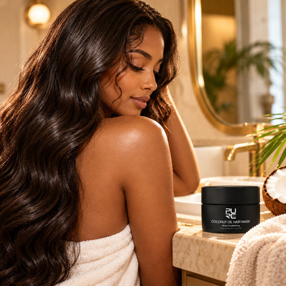 Woman with long glossy hair at a warm vanity beside the PURC Coconut Oil Hair Mask jar