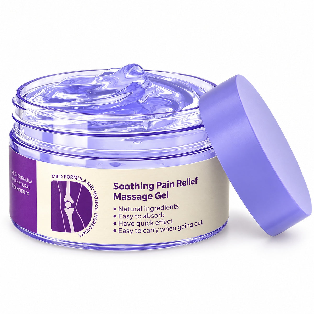 Soothing Pain Relief Massage Gel open jar of lavender cooling gel with lid on white