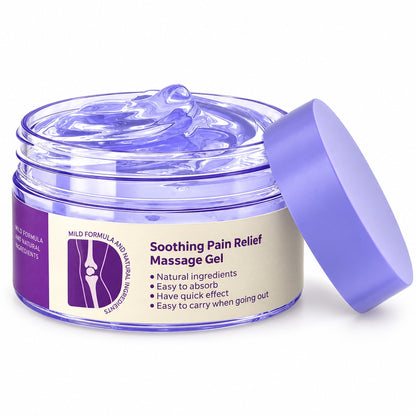 Soothing Pain Relief Massage Gel open jar of lavender cooling gel with lid on white