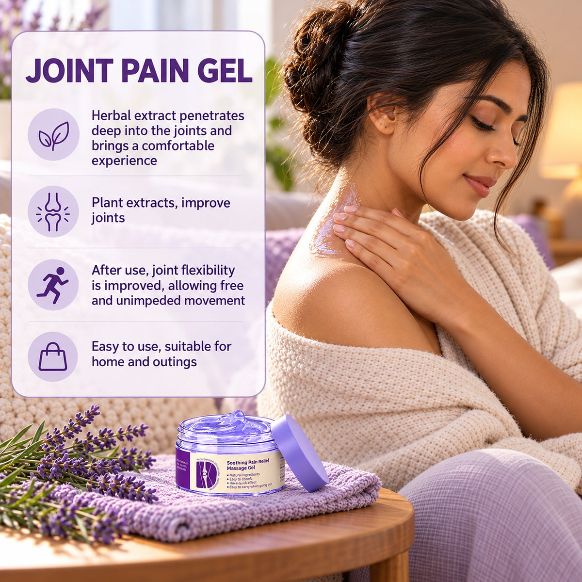 Joint pain gel: herbal extract penetrates deep into the joints, woman massaging her neck at home