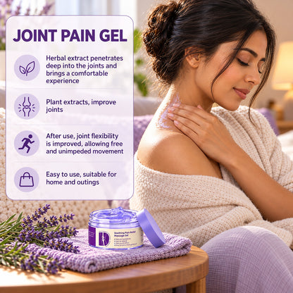 Joint pain gel: herbal extract penetrates deep into the joints, woman massaging her neck at home