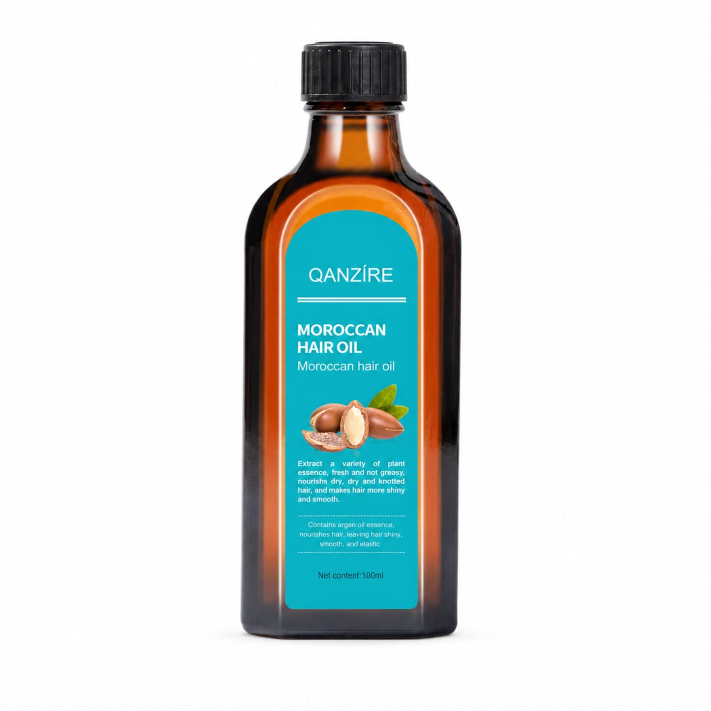 QANZIRE Moroccan Hair Oil bottle alone on white with a soft realistic shadow