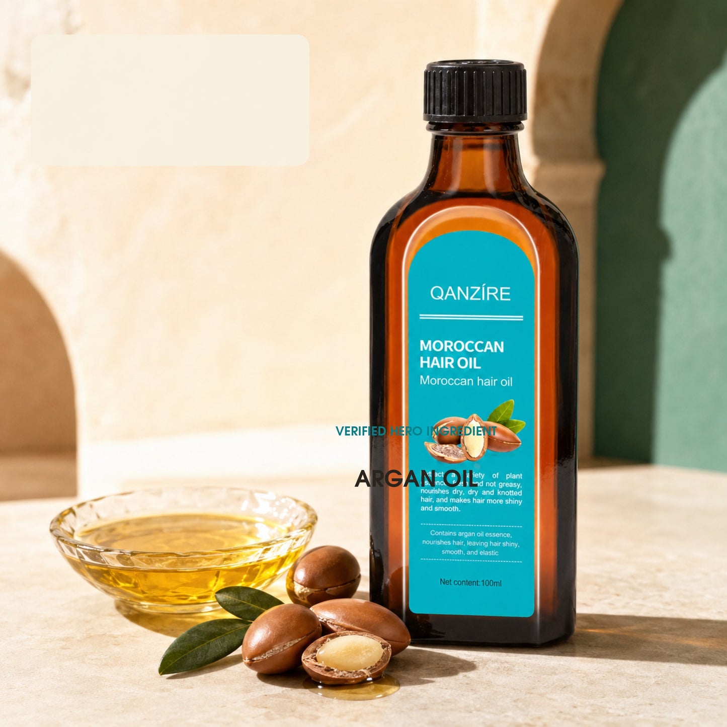 QANZIRE Moroccan Hair Oil with clearly named verified argan oil ingredients