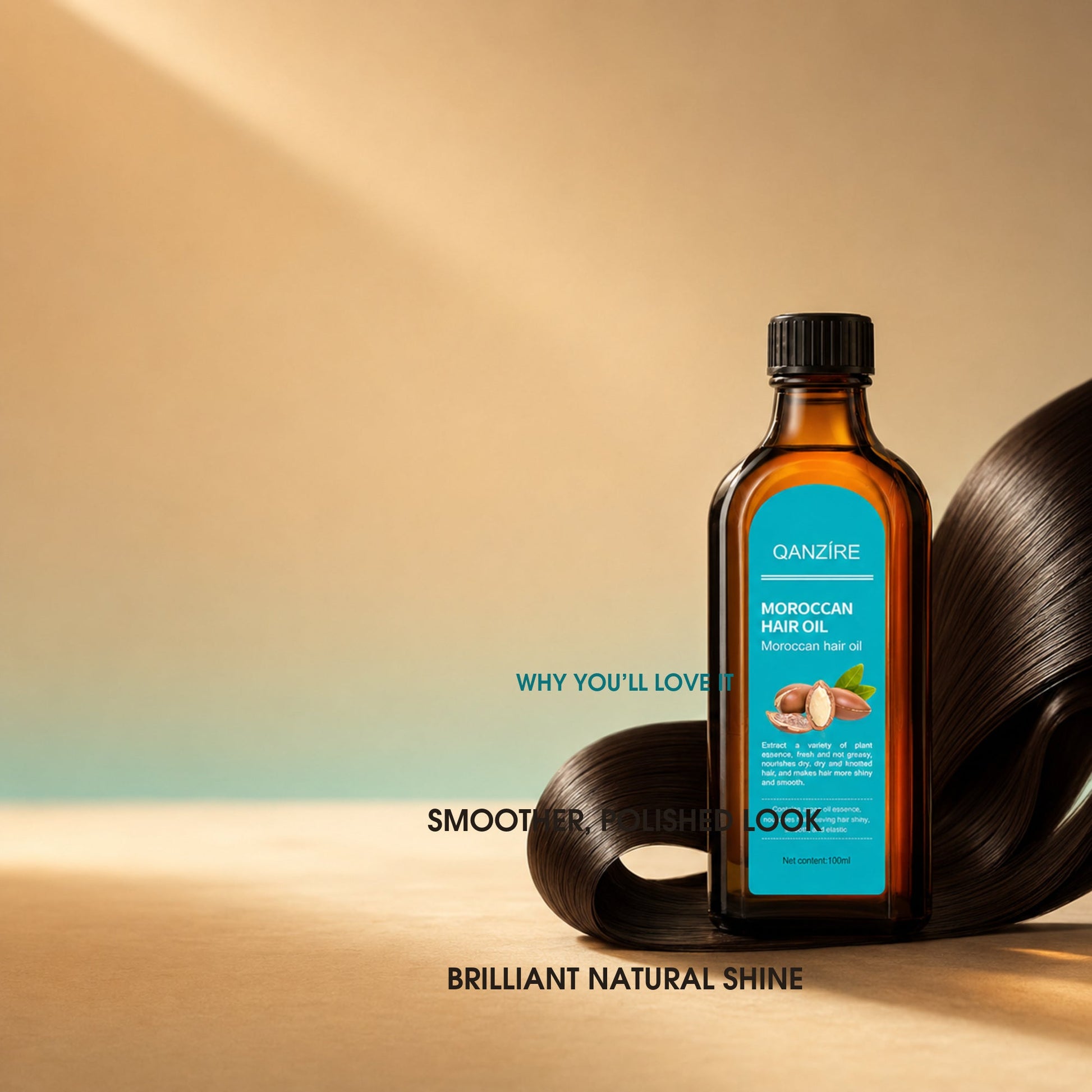 QANZIRE Moroccan Hair Oil benefits: polished smoothness, natural shine and frizz control