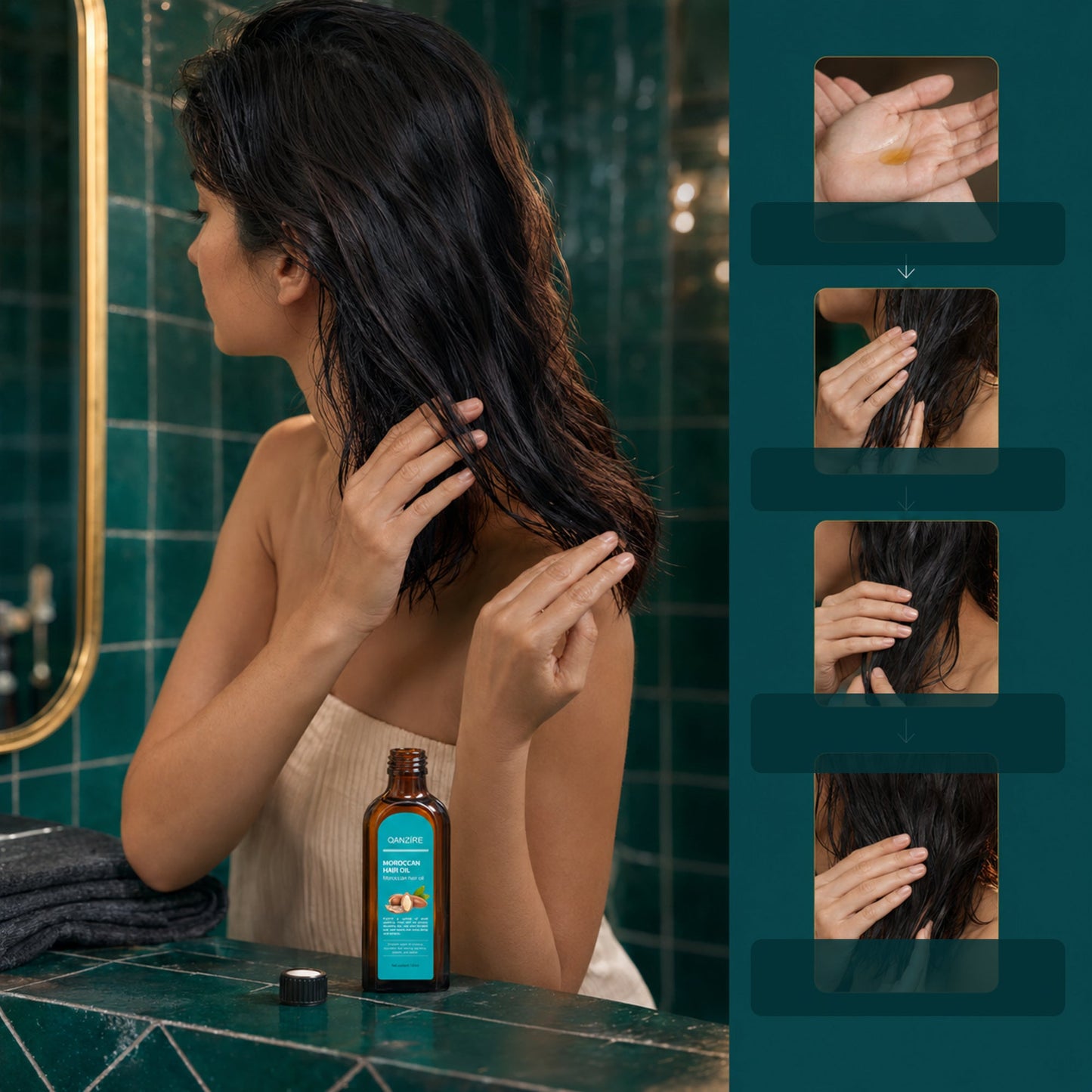 How to use QANZIRE Hair Oil: towel-dry, warm drops, smooth through ends and style
