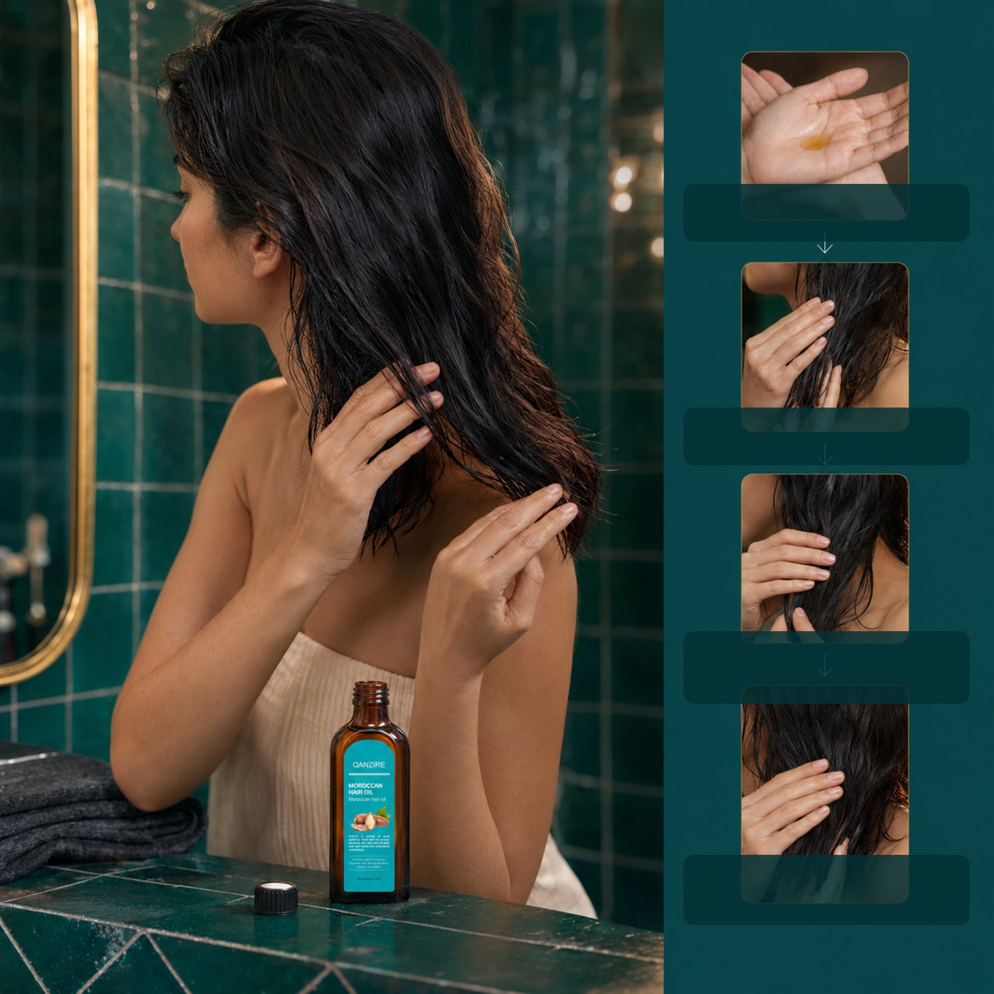 How to use QANZIRE Hair Oil: towel-dry, warm drops, smooth through ends and style