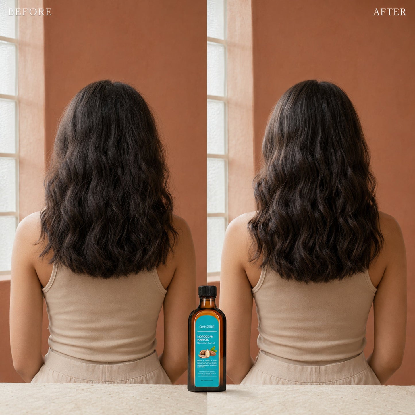 QANZIRE Hair Oil conservative before-and-after with matched wave pattern and length