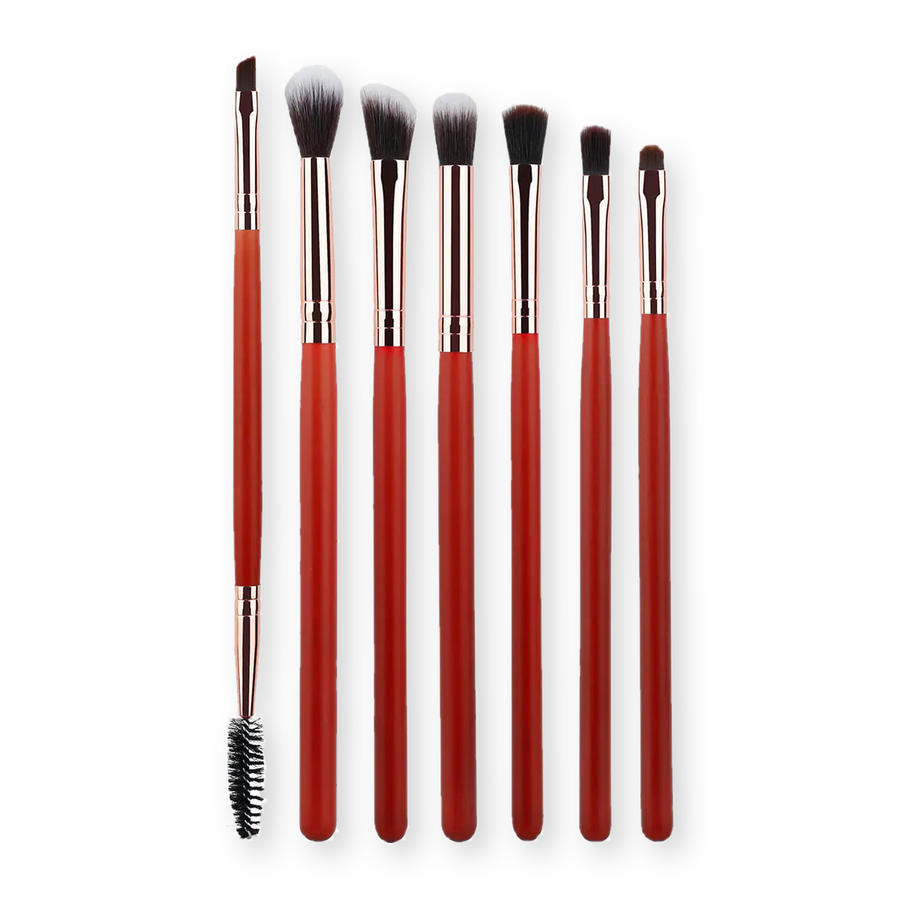 RANCAI 7-piece eye makeup brush set laid out on a pure white background with soft studio shadows