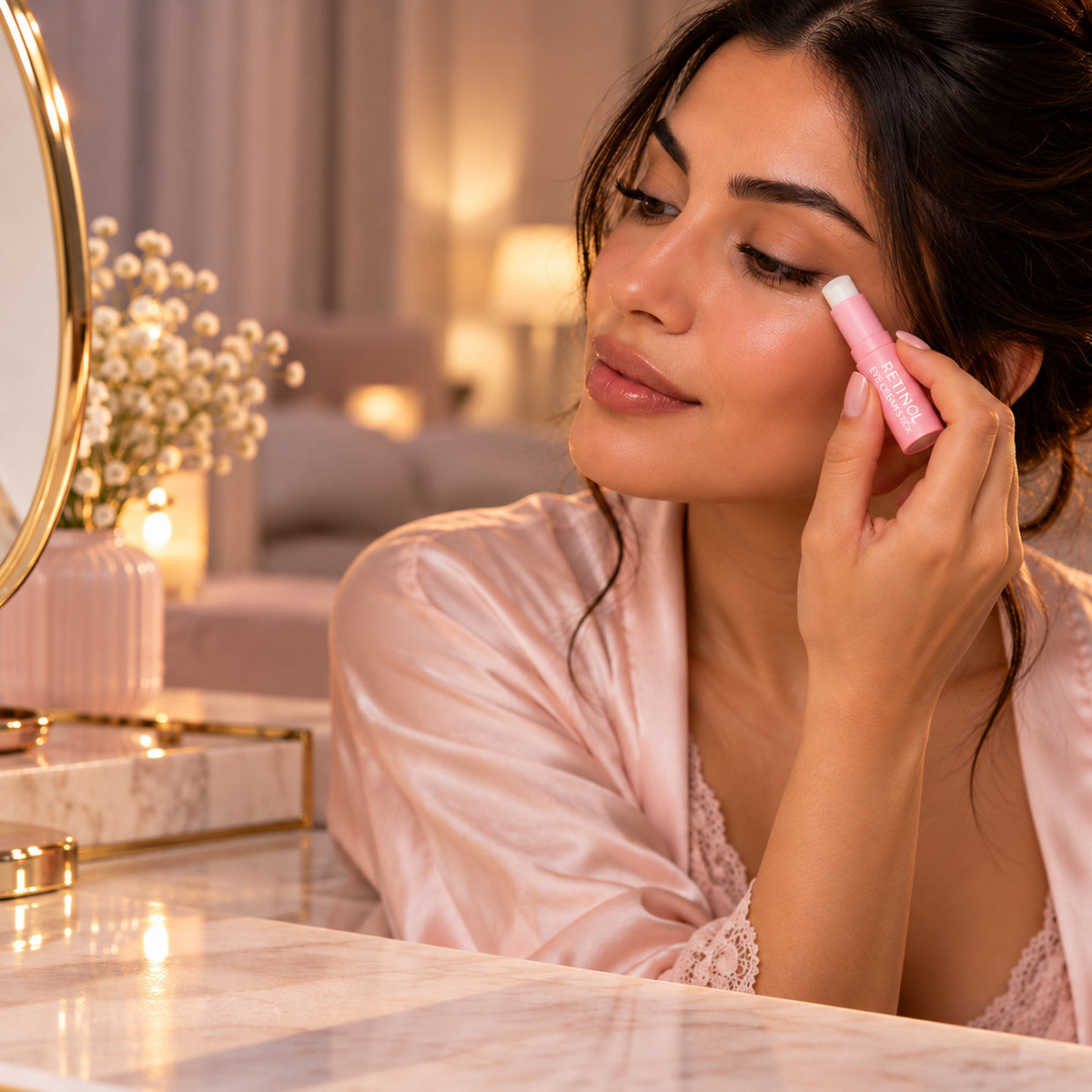 Woman gliding the retinol eye cream stick under her eye at an evening vanity