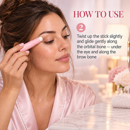 How to use step 2: twist up the stick and glide gently along the orbital bone