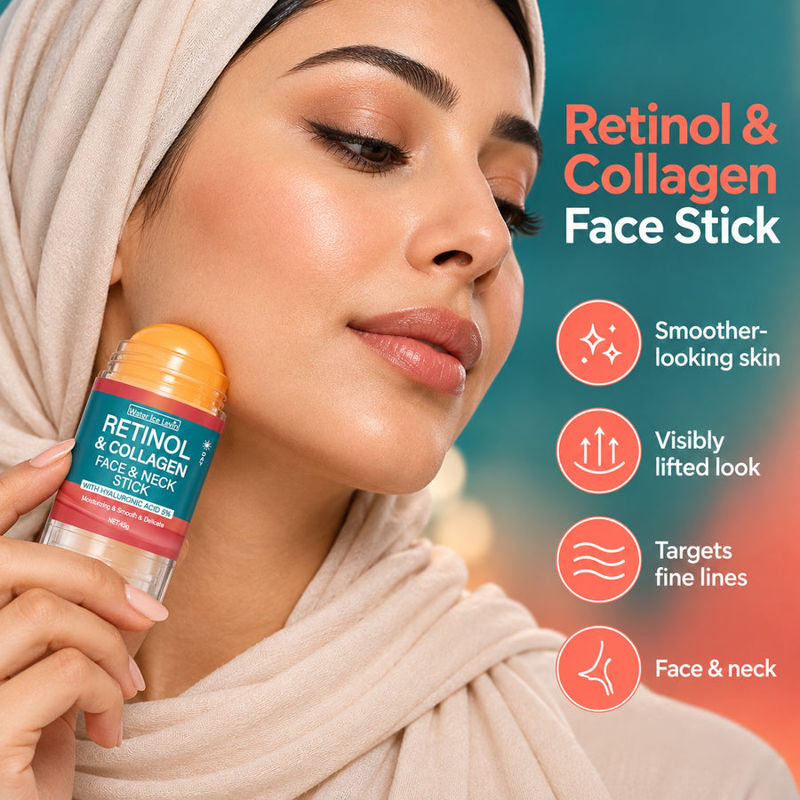 Woman gliding the Water Ice Levin Retinol & Collagen Face & Neck Stick along her jawline – smoother-looking skin, visibly lifted look, targets fine lines