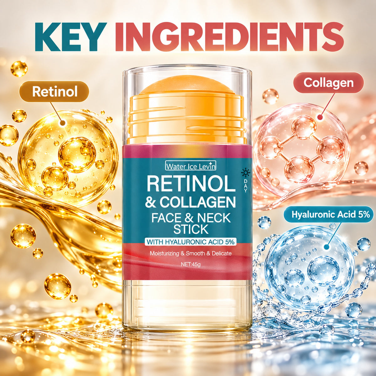 Key ingredients of the face and neck stick: retinol, collagen and hyaluronic acid 5%