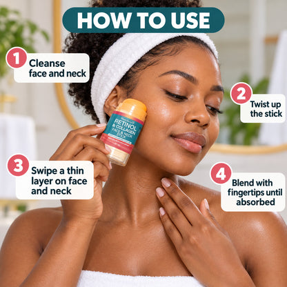 How to use the retinol face stick in 4 steps: cleanse, twist up, swipe a thin layer on face and neck, blend until absorbed