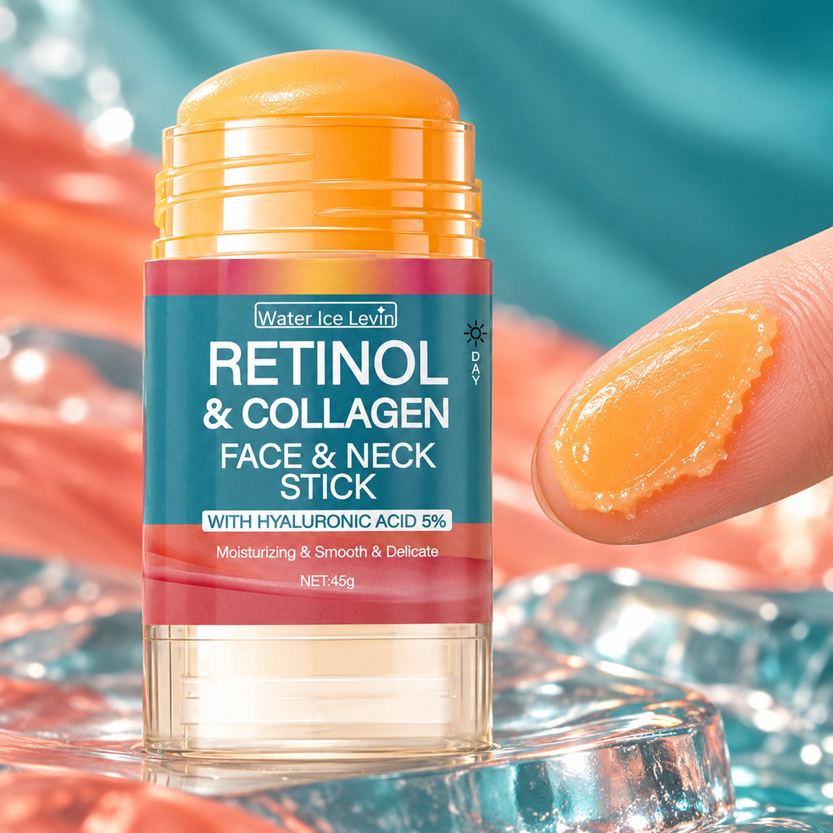 Close-up of the orange retinol and collagen balm texture swatched on a fingertip