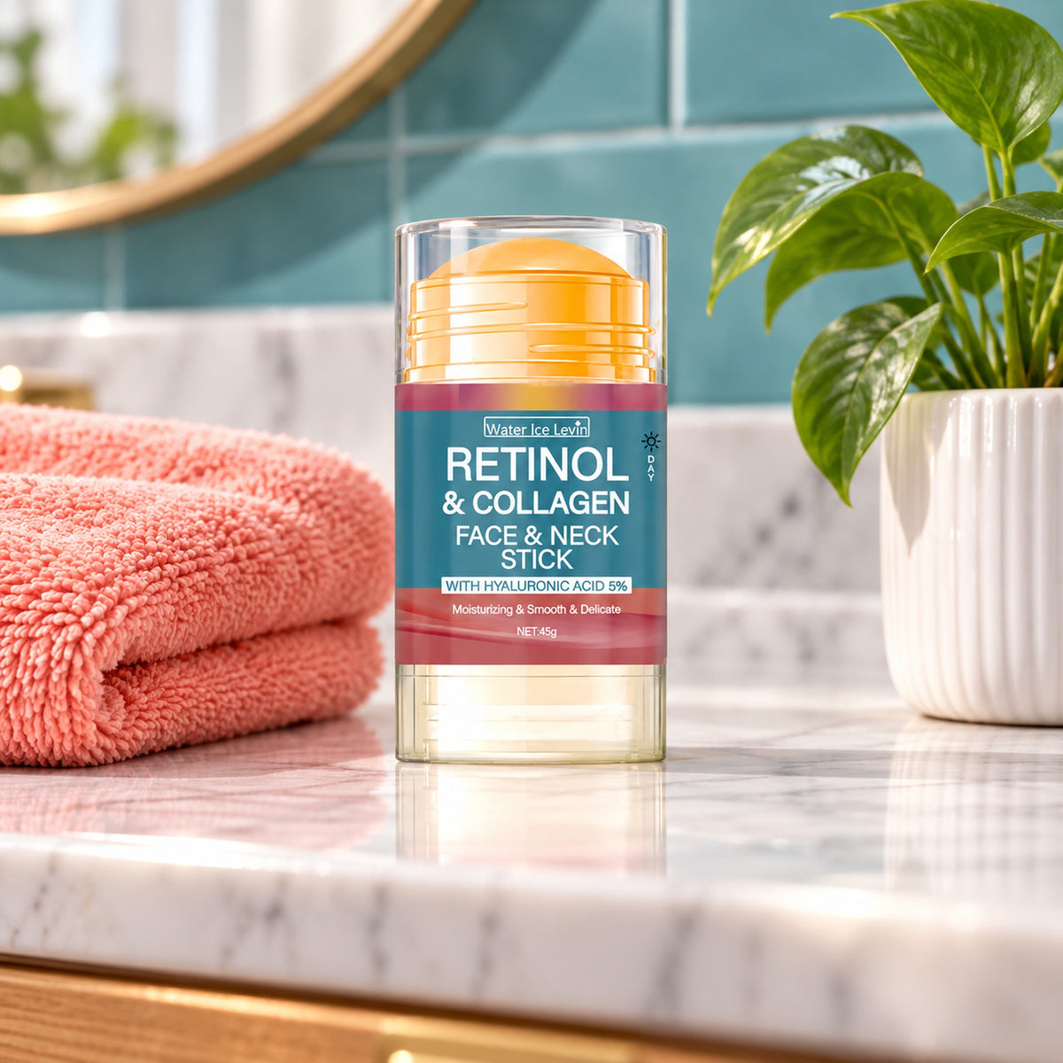 Retinol & Collagen face and neck stick on a marble bathroom vanity with a coral towel and a plant