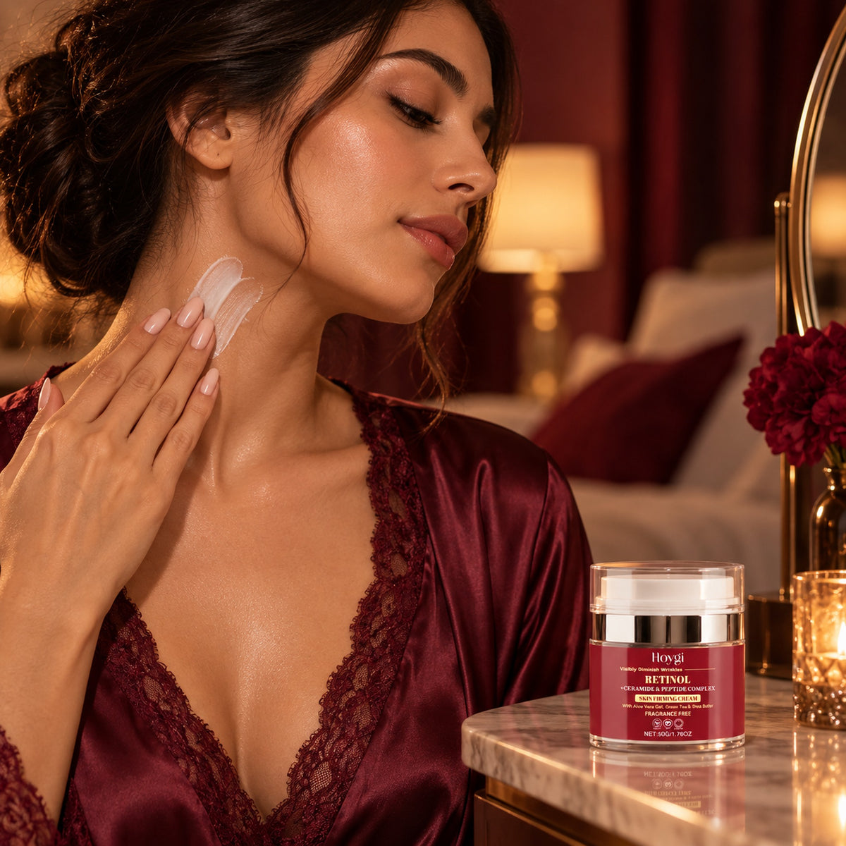 Woman smoothing retinol firming cream onto her neck