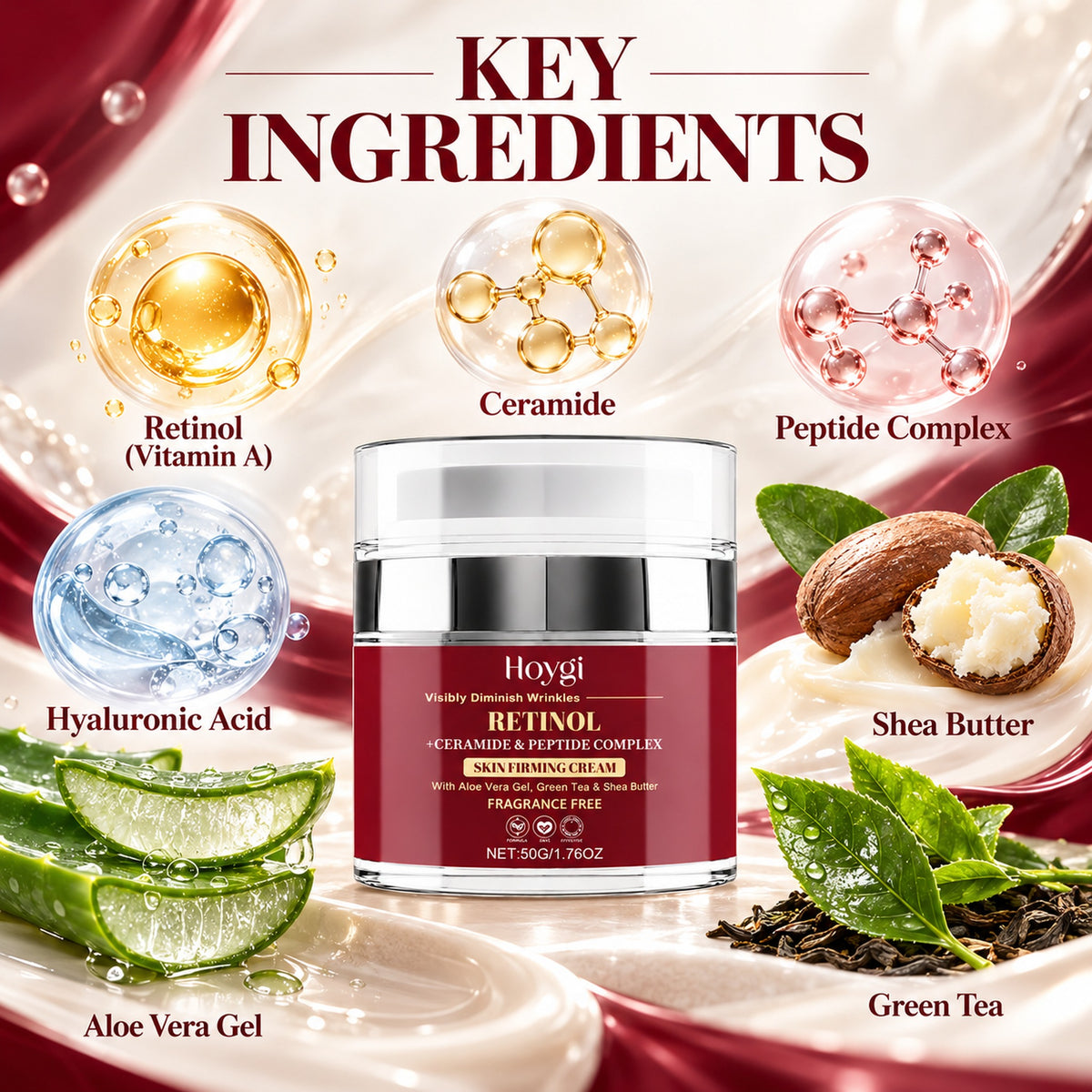 Key ingredients: retinol, ceramide, peptide complex, hyaluronic acid, shea butter, aloe vera gel, green tea