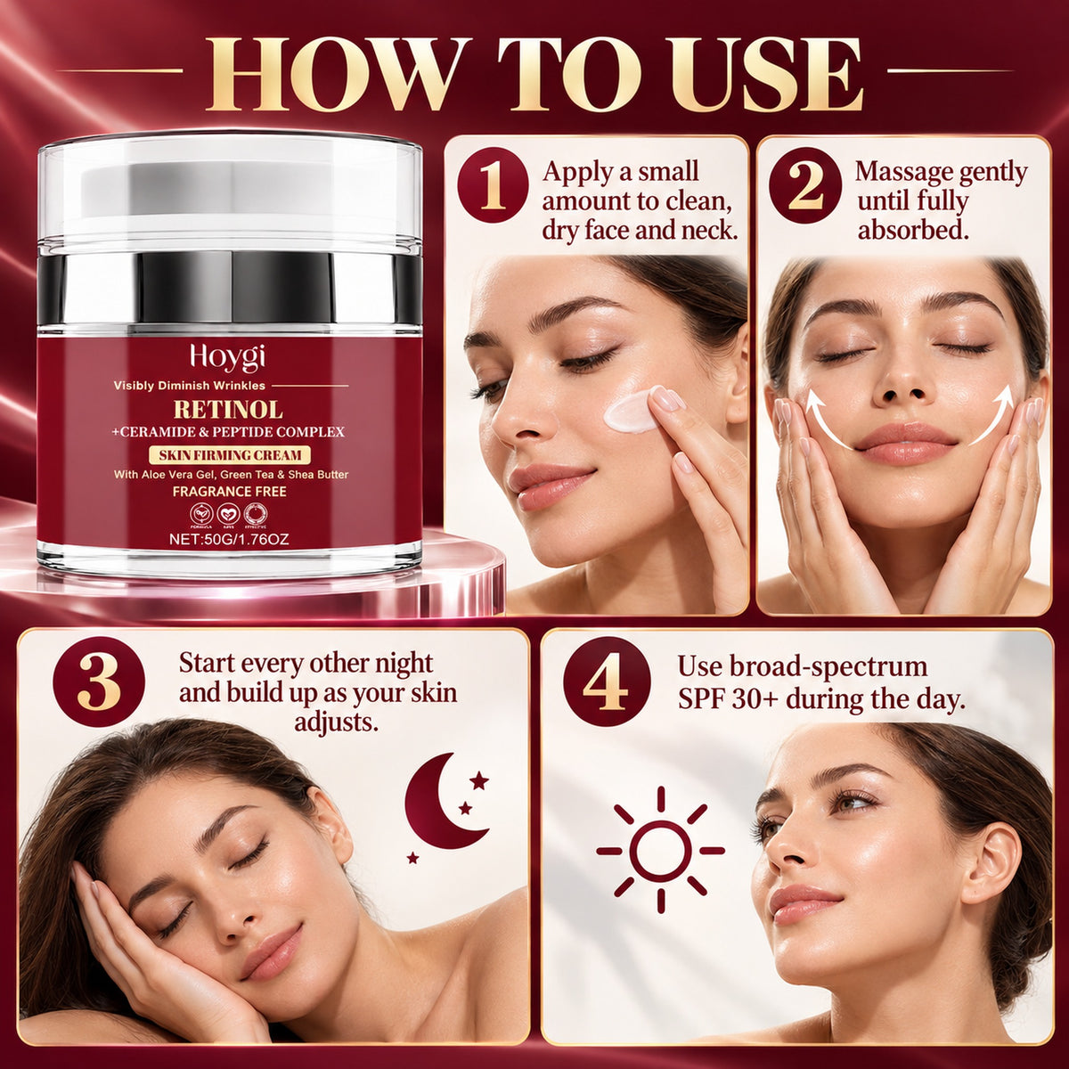 How to use the retinol cream in 4 steps, with SPF by day