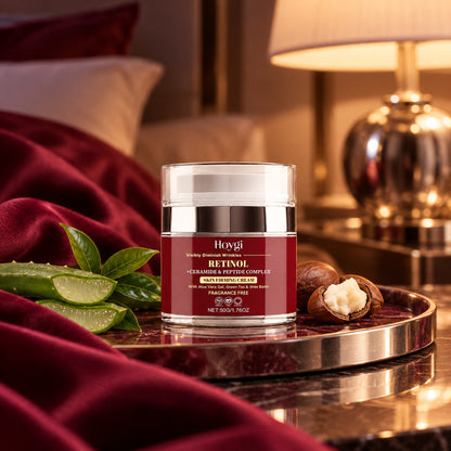 Hoygi retinol firming cream on a bedside tray for a night routine