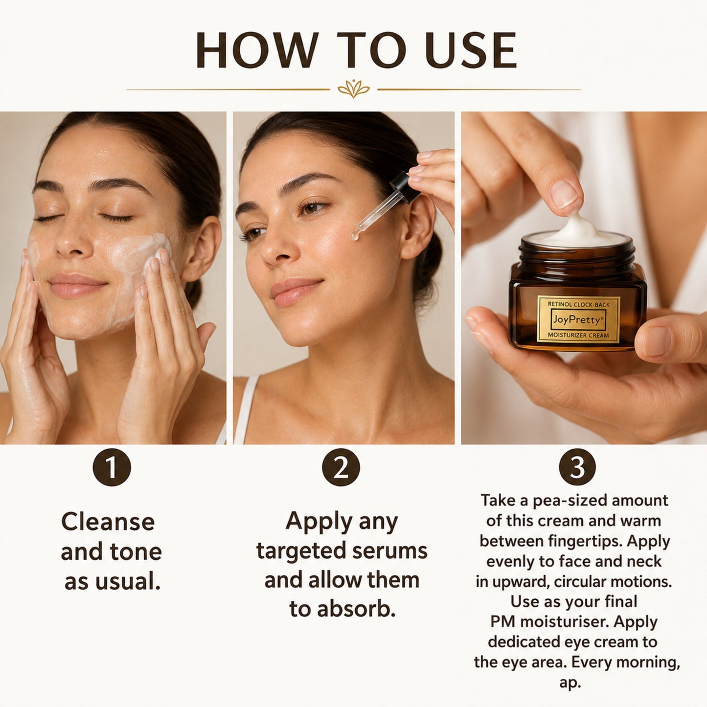 Retinol & Hyaluronic Acid Anti-Aging Firming Face Cream — photographic three-step how-to