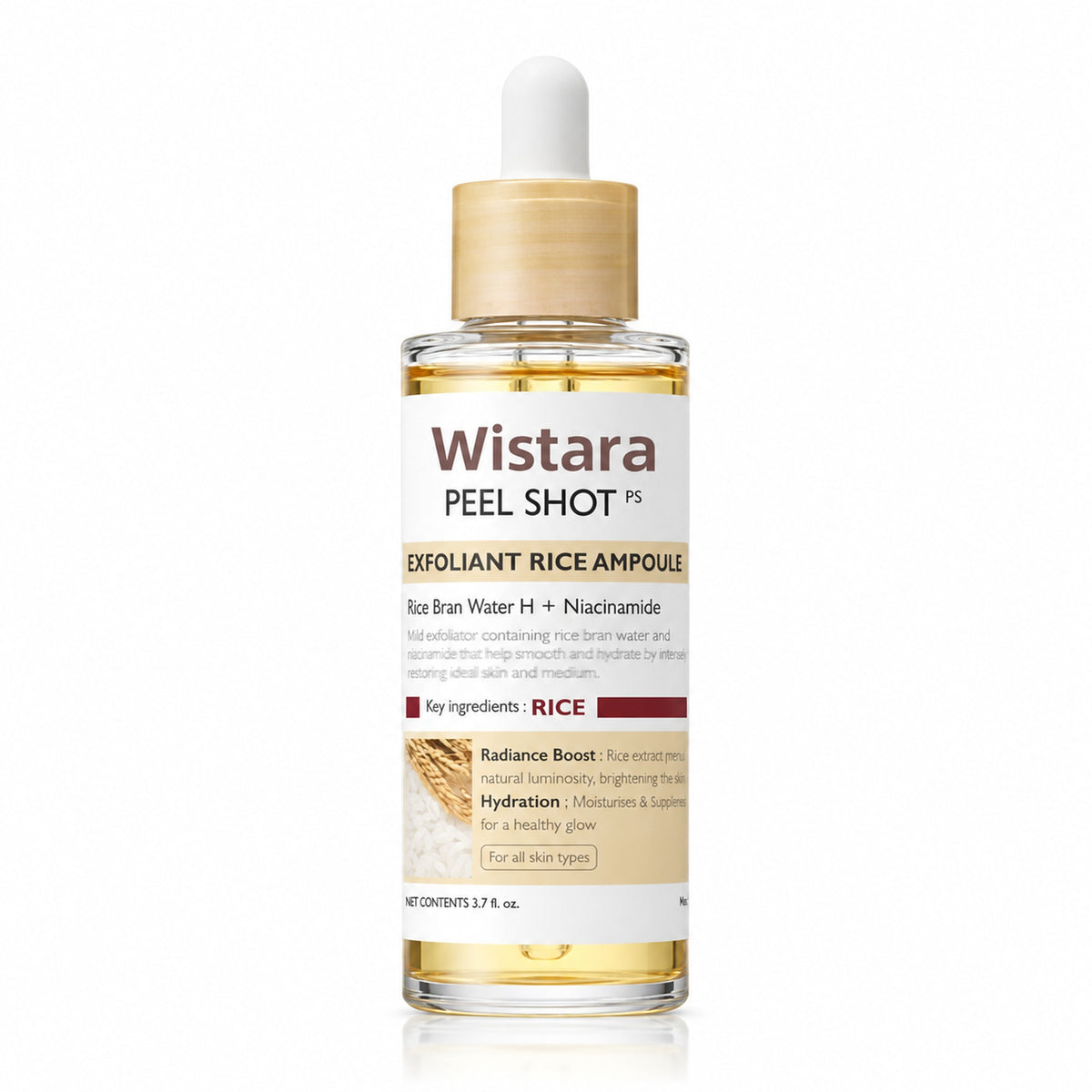 Wistara Peel Shot Exfoliant Rice Ampoule dropper bottle on a white background