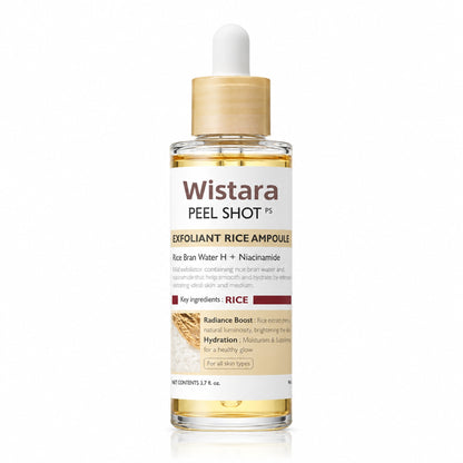 Wistara Peel Shot Exfoliant Rice Ampoule dropper bottle on a white background