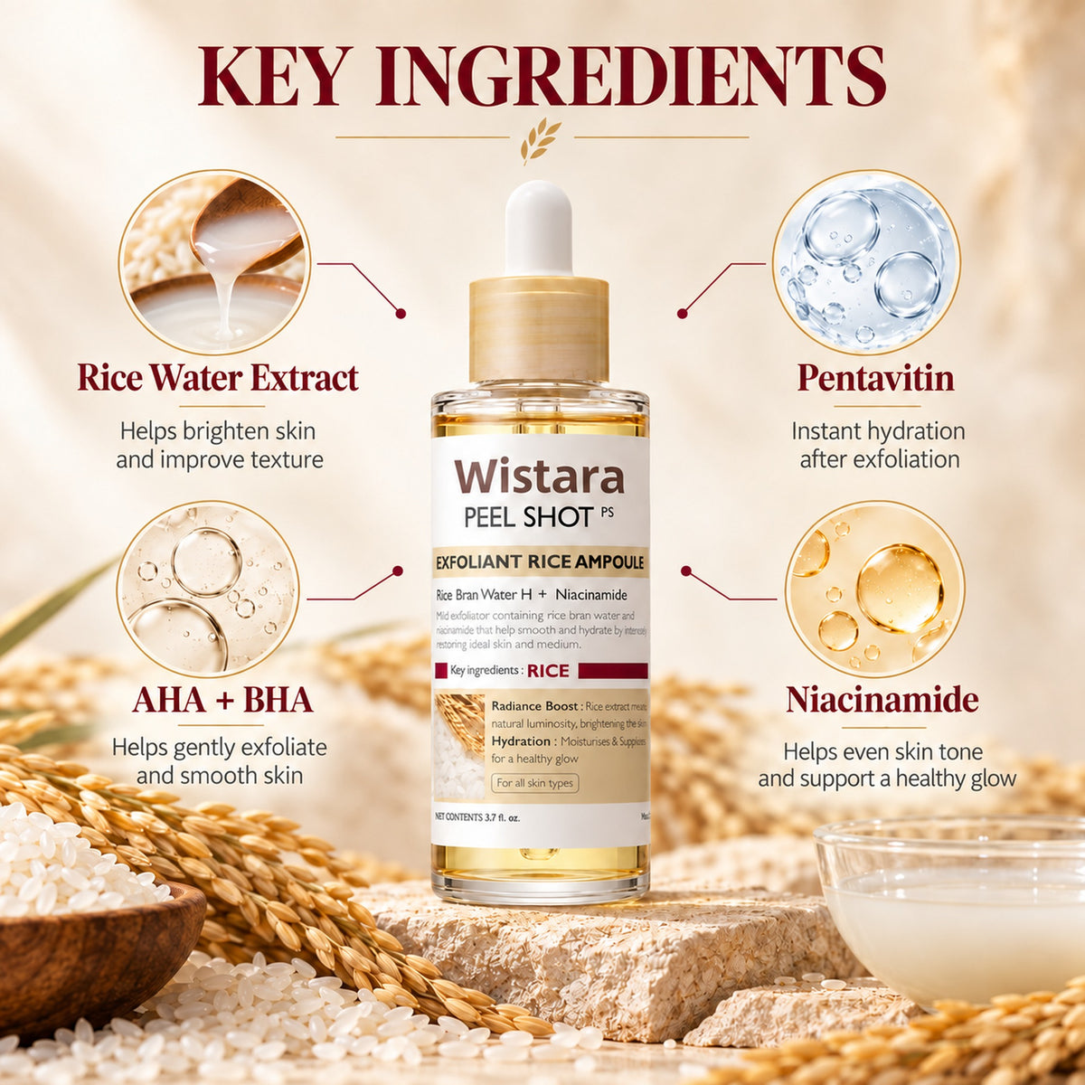 Key ingredients: rice water extract, Pentavitin, AHA + BHA and niacinamide