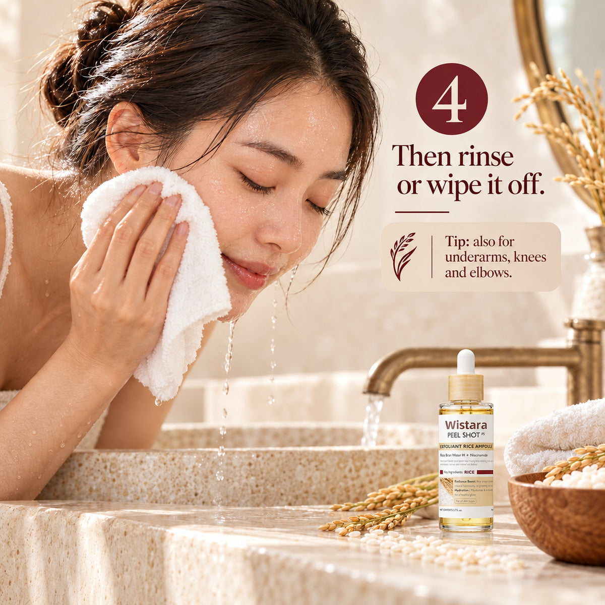 Step 4: then rinse or wipe it off; also for underarms, knees and elbows